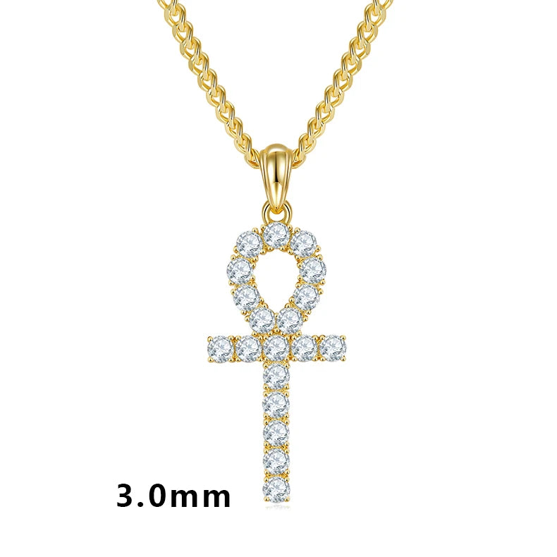 New Arrivals Best Sale Fine Jewelry Gold Plated S925 Sterling Silver 3mm Moissanite Ankh Cross Pendant Necklace for Gifts