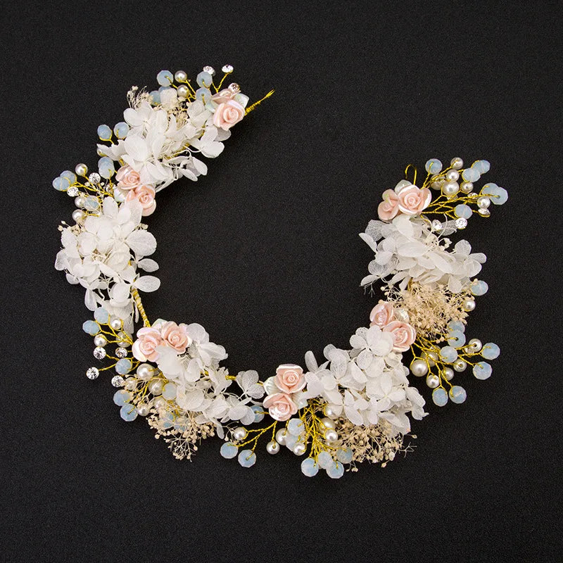 Miallo Boho Handmade Flower Crown Bridal Headband Garland Rose Crystal Pearl Hair Vine Wedding Hair Accessories