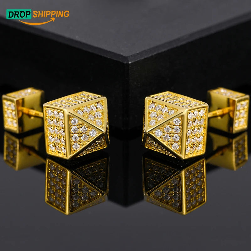 Drop Shipping Hip Hop Jewelry Iced Out Gold Plated Pure Silver VVS Moissanite Stud Earrings