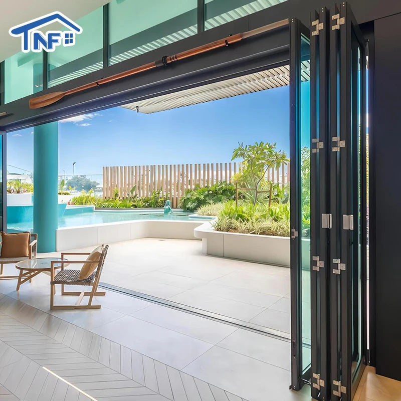 NFRC Standard Customized Modern Finished Double Tempered Glass Aluminum Thin Frame Waterproof Nylon Foldable Villa Folding Doors