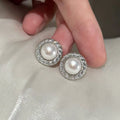 Classic French Doughnut Fried Dough Twists Stud Earrings 9-10mm White Freshwater Pearl Rhodium Plated AAAA Grade