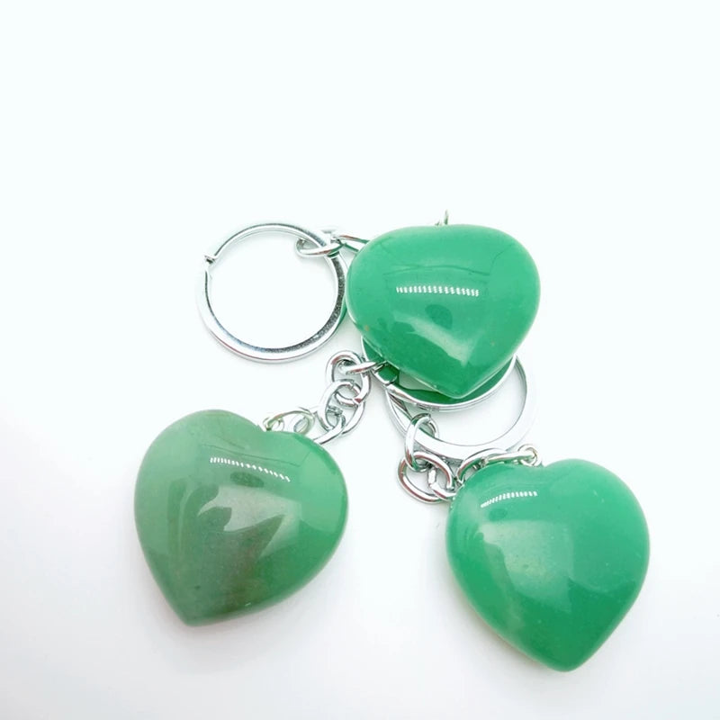 DIY Custom fashion heart keychain necklace green aventurine jade crystal bullet point pendant key chain chakra gemstone alloy keyrin crystals