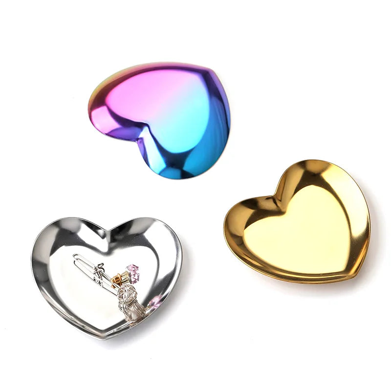 PVD Rainbow Stainless Steel Jewelry Display Tray Heart Shape Metal Storage Dish Restaurant Dessert Plate
