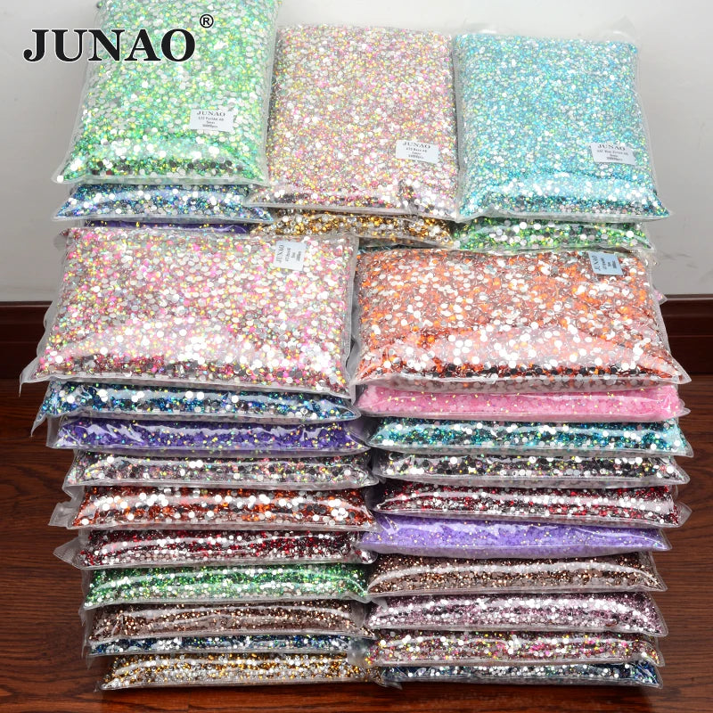 JUNAO 2mm 3mm 6mm 89 Colors Round Crystal Strass Flat Back Resin Diamond Transparent AB Rhinestones for Dress