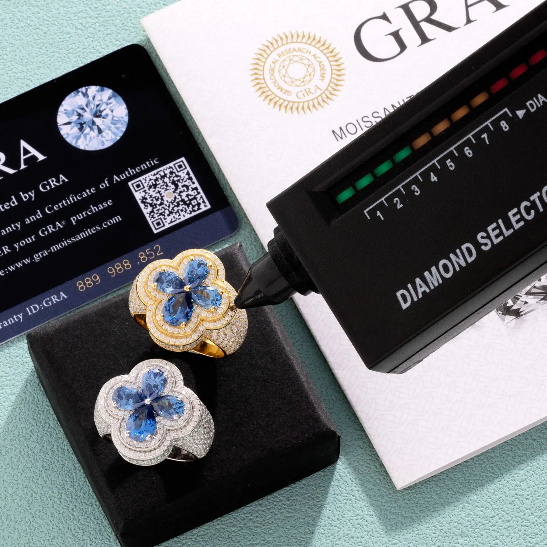 925 Silver Jewelry Enamel Moissanite Four Leaf Clover Ring Pass Diamond Tester Shiny Lucky Flower Clover Ring Pass Diamond test