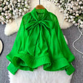One Size Spring New Organza Large Bow Ribbon Ruffled Chiffon Shirt Casual Loose Fitting Women's Top