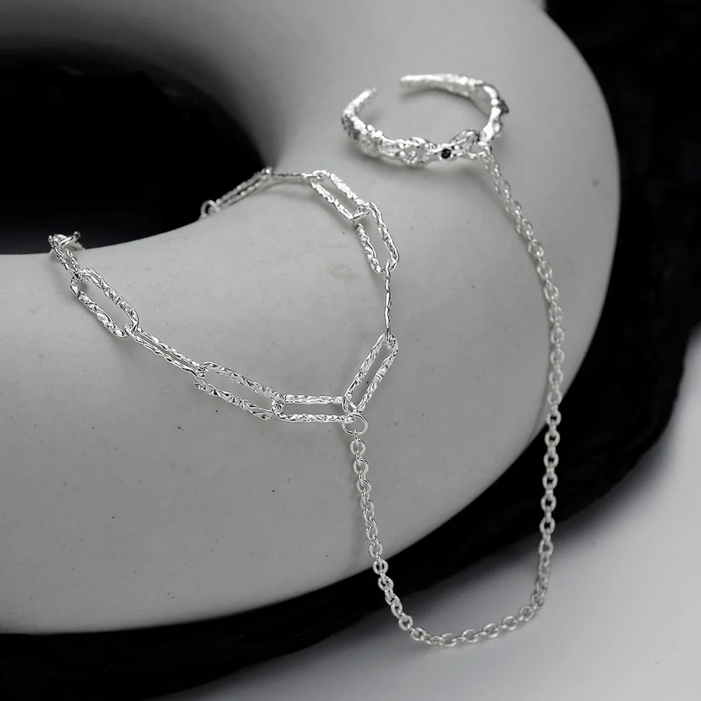 ICEBELA Jewelry Light American Style Handmade S925 Sterling Silver Texture Chain Bracelet and Ring in One Chain Bracelet