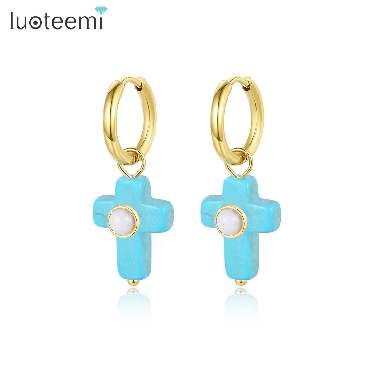 LUOTEEMI Geometric Huggie Clip on Hot Sale Earing Dangling Cross Dangle Stainless Steel Natural Stone Earrings