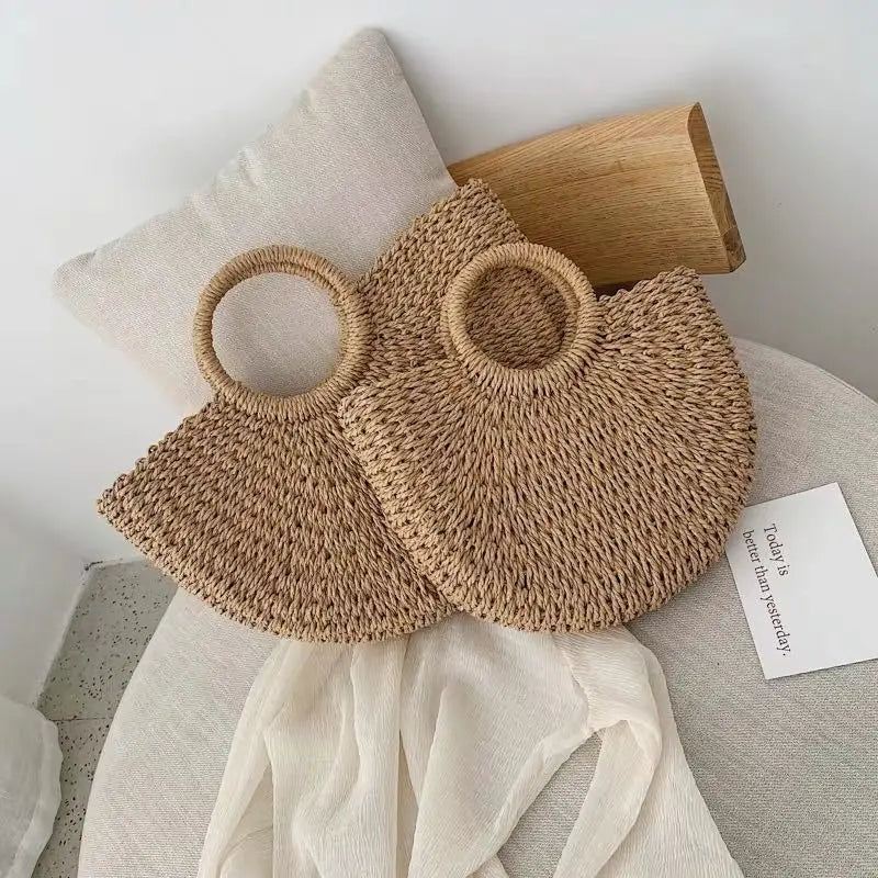 Half Round Vintage Grass Woven Paper Rope Bucket Handheld Coffee Cream Custom Logo Leisure Resort Beach Bag