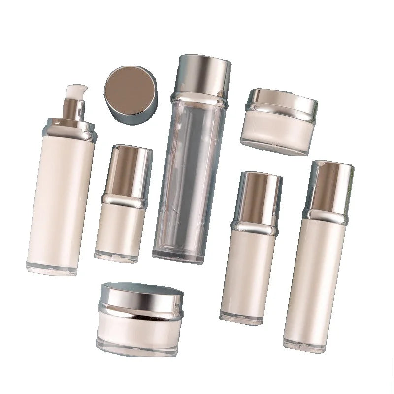 Custom Logo High-End Acrylic Pearl White Silver Cap Shoulder Bottle Jar Set for Skin Care Serum Cosmetics Packaging Container