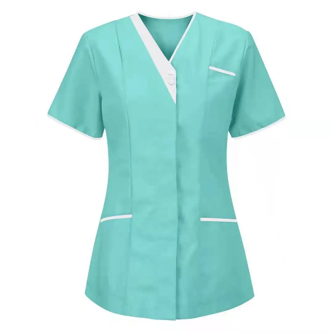 72% Polyester 21% Viscose 7% Spandex 200G EN Certified Waterproof Needle Detection Women's Nurse Short Sleeved Scrub Top Uniform
