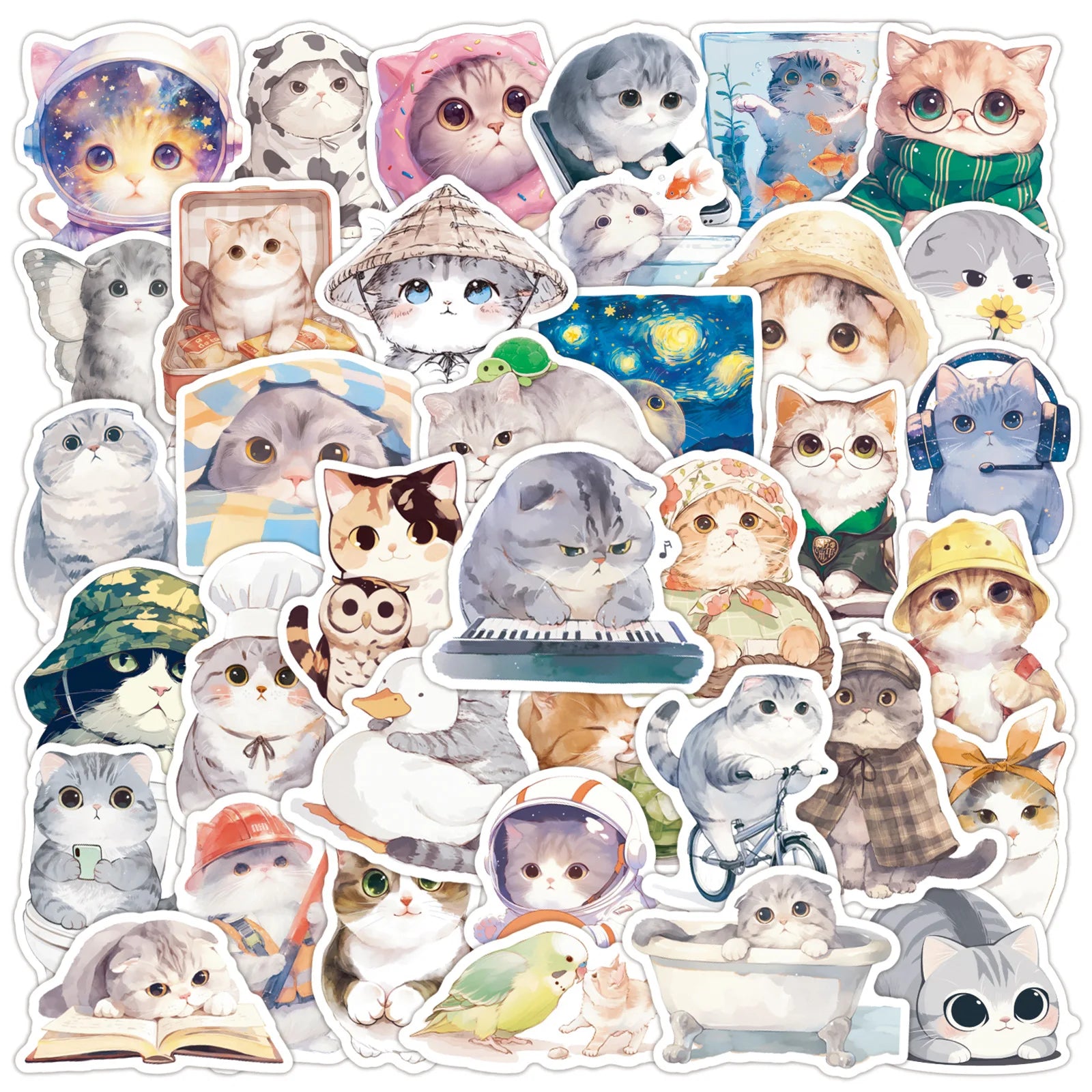50 Pcs Ink Cat Graffiti PVC Self Adhesive Stickers for Helmet Handbag Phone Case Suitcase Refrigerator Guitar and Books
