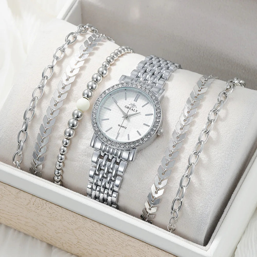 Wholesale Luxury Women Wristwatches Ladies Fashion Female Silver Bracelet Quartz Watches Set