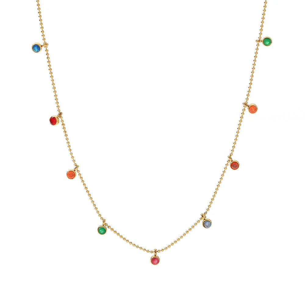 Hot Fashion Waterproof Choker Gold Plated Necklace Stones Crystal Geometric Round Colorful Zircon Charm Necklace