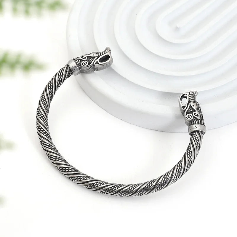 Nordic Men Jewelry Vintage Double Heads Twisted Cable Cuff Bangle Pulseira Adjustable Stainless Steel Wristband Viking Bracelet