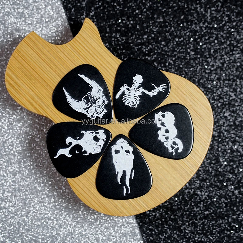 Wholesale Private Label Custom Design Black Fire Skull Celluloid Sheet Digital Color Printed Waterproof Durable Guitar/Bass Pick