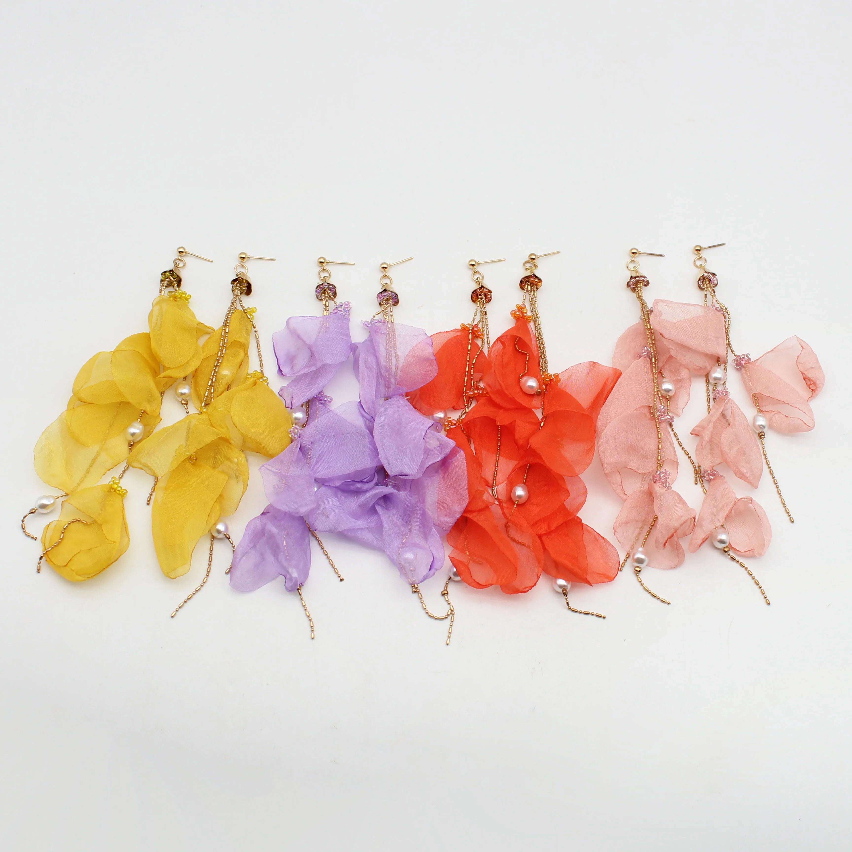 Jachon Fashion Elegant Multilayer Fabric Pearl Flower Long Earrings for Women's Jewelry Earrings