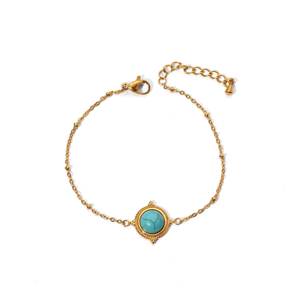 Blue Turquoise Titanium Steel Real Gold 18K Plated Vintage Women Bracelets Natural Stones Tarnish Free Jewelry