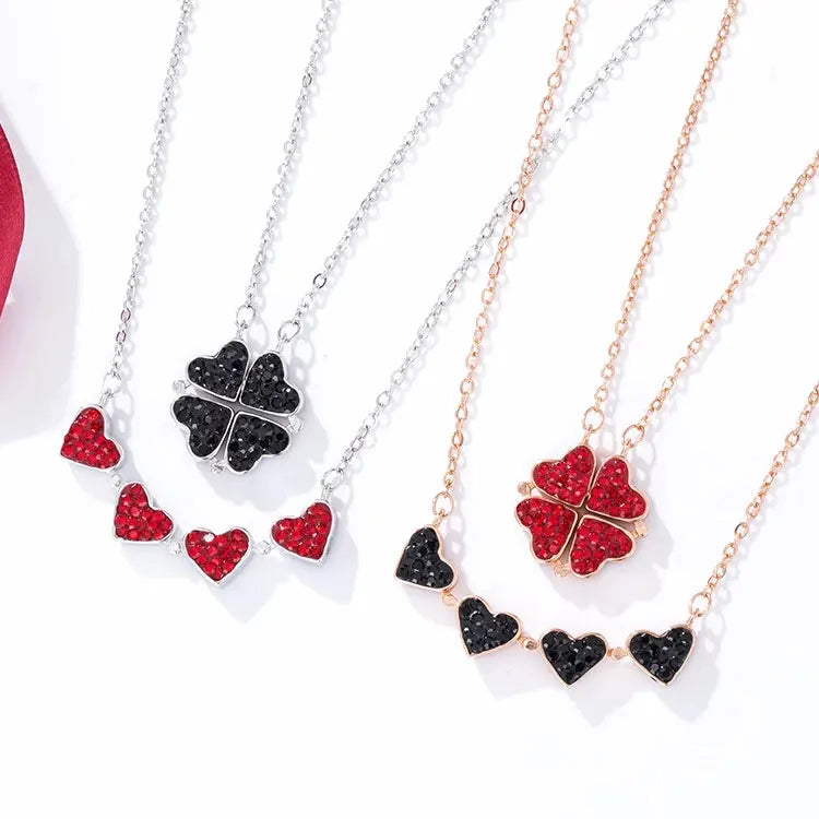 SC TikTok Hot Foldable Zircon Heart Necklace Jewelry Creative Stainless Steel Magnetic Four Leaf Clover Necklace for Women 2022