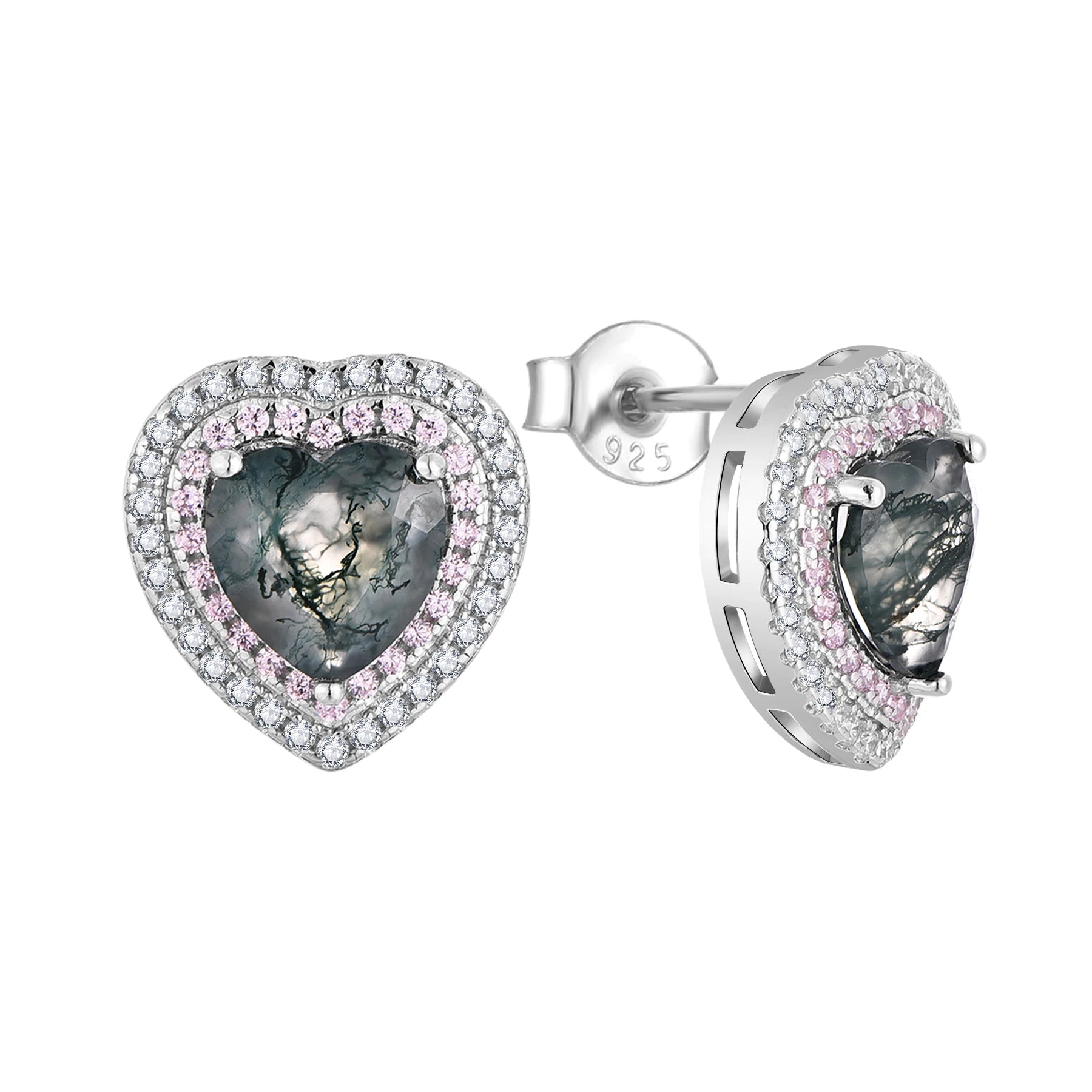 YH JEWELLERY 925 Sterling Silver Fashion Stud Earrings Rhodium Plated Heart Cut Green Moss Agate Stud Earrings for Women