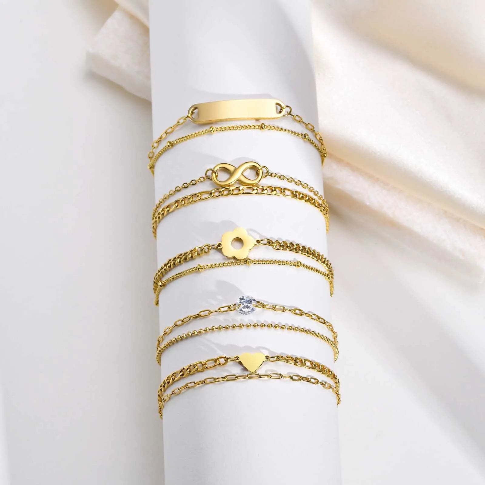 Fashion Double Layer Heart Bracelet Non Tarnish 18k Gold Plated Stainless Steel Zircon Flower Bracelets for Women