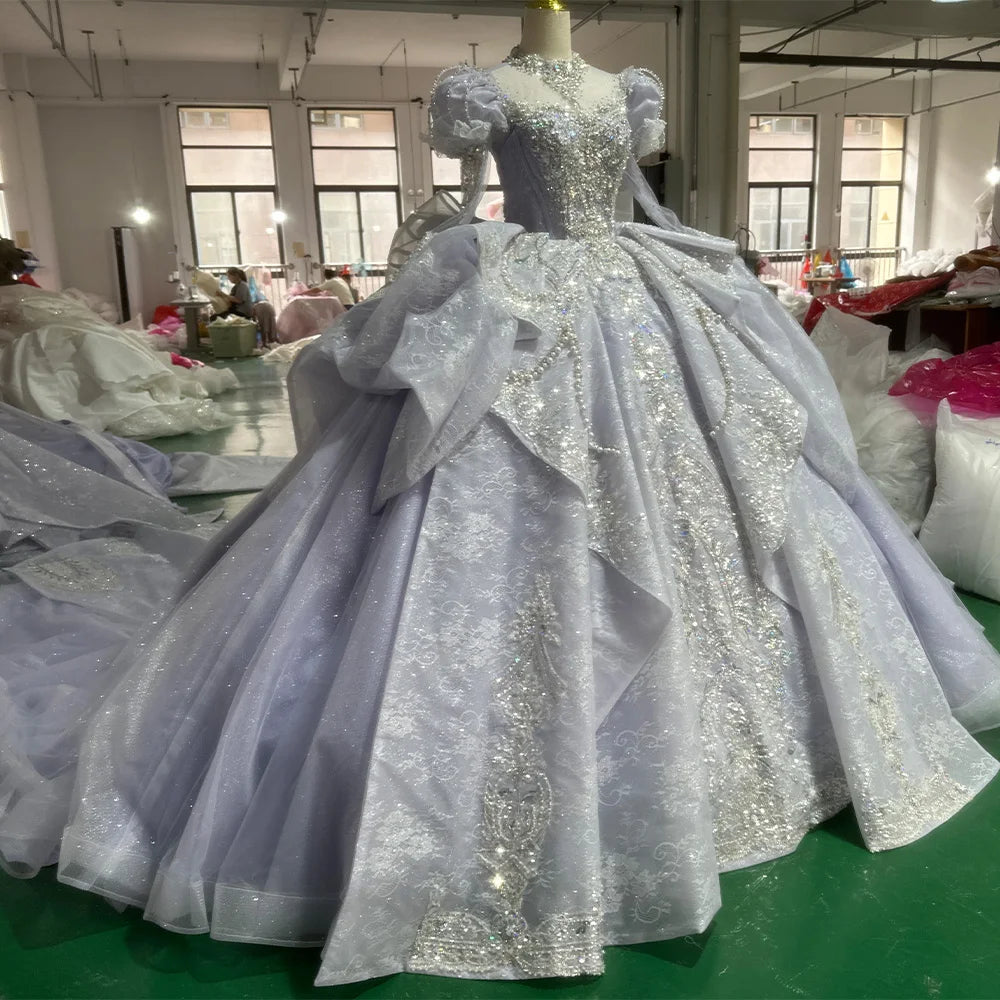 Jancember XS093 Princess Lilac Puff Sleeve Empire Ball Gown Wedding Evening Dresses