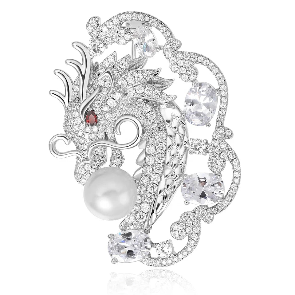2024 New Light Luxury Silver Dragon Inlaid Zircon High Shine Pearl Brooch Women Jewelry Gift Customized