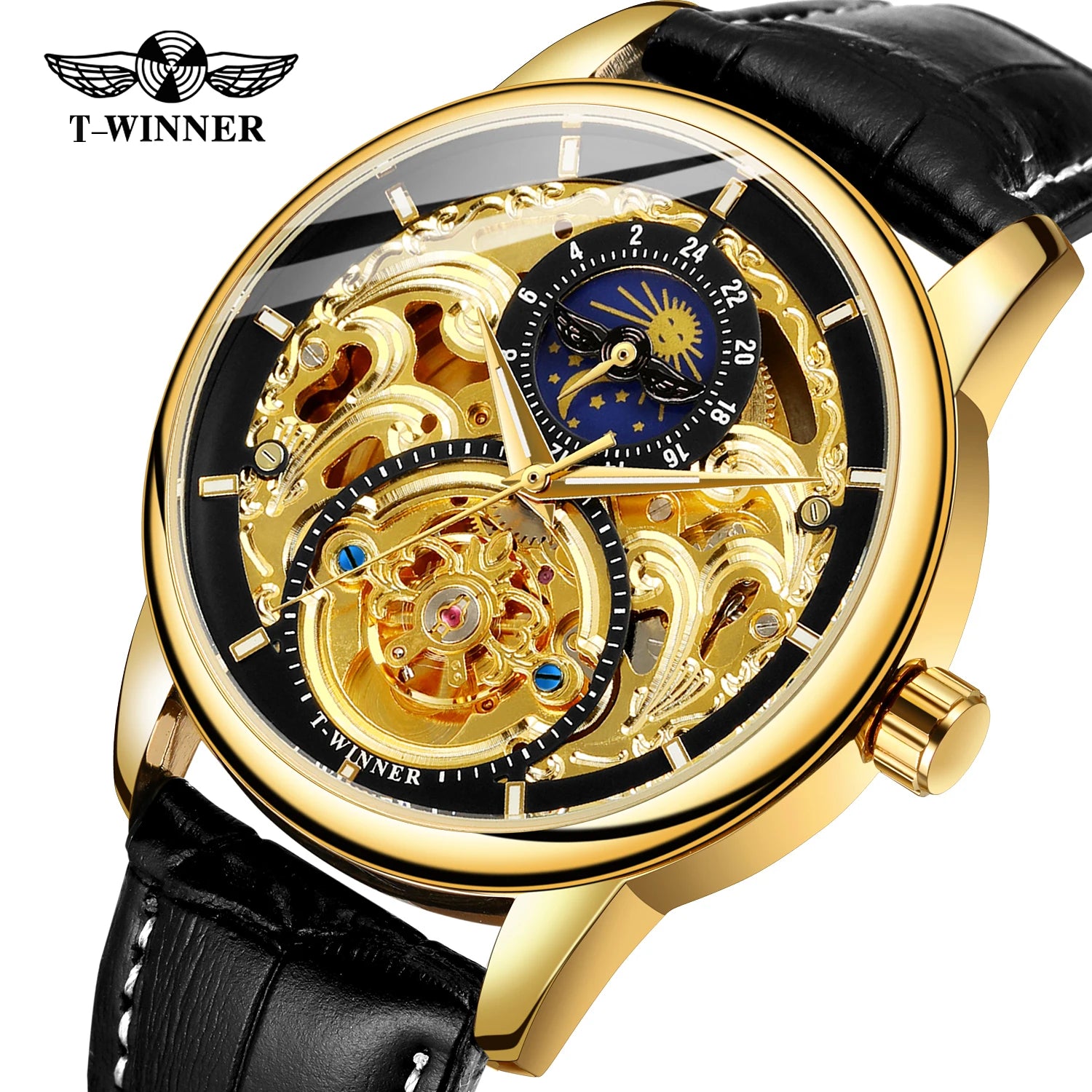China Factory T-WINNER Luxury Genuine Leather Custom logo Men Watch Water Resistant Wristwatch Cheap Mechanical Watch