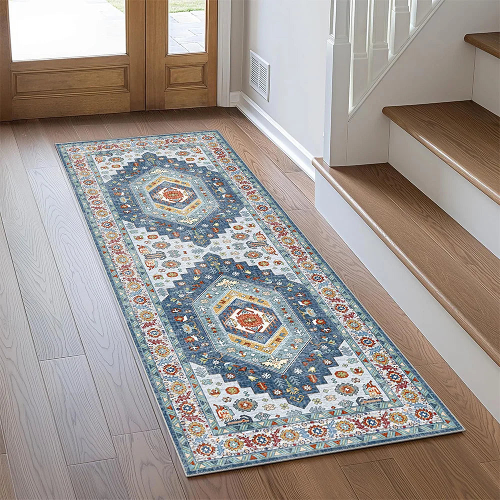 Vintage Machine Made Non-Slip Low Pile Non-Shedding Runner Rug Soft Distressed Modern Design for Home Hallway Kitchen Entrance
