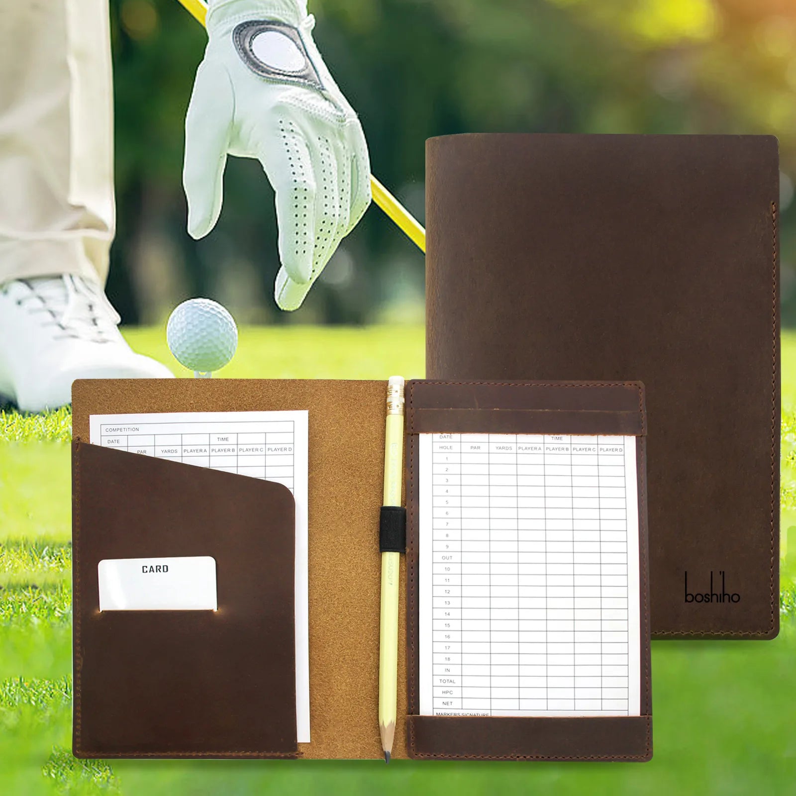 Boshiho Vintage Customized Cowhide Leather Golf Scorecard & Yardage Book Holder with Custom Logo