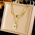 Fashion Tarnish Free Jewelry Stainless Steel 18k Gold Plated Double Layer Snake Chain Square Shell Zircon Pendant Necklace