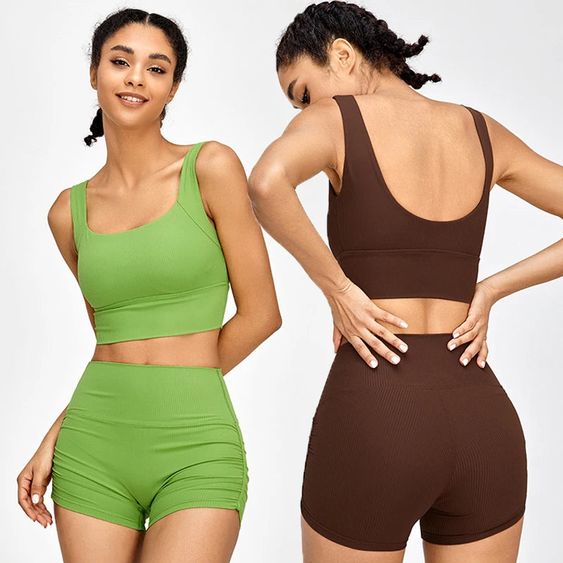 SHINBENE 2 Pieces Workout Activewear Ribbed U Neck Vest Scrunch Shorts Sets Fitness Yoga Suits for Women