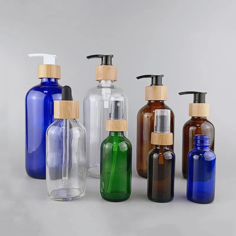 Cosmetic Packaging Empty 30ml 50ml 100ml 120ml 240ml 500ml Glass Lotion Bottle with Bamboo Pump