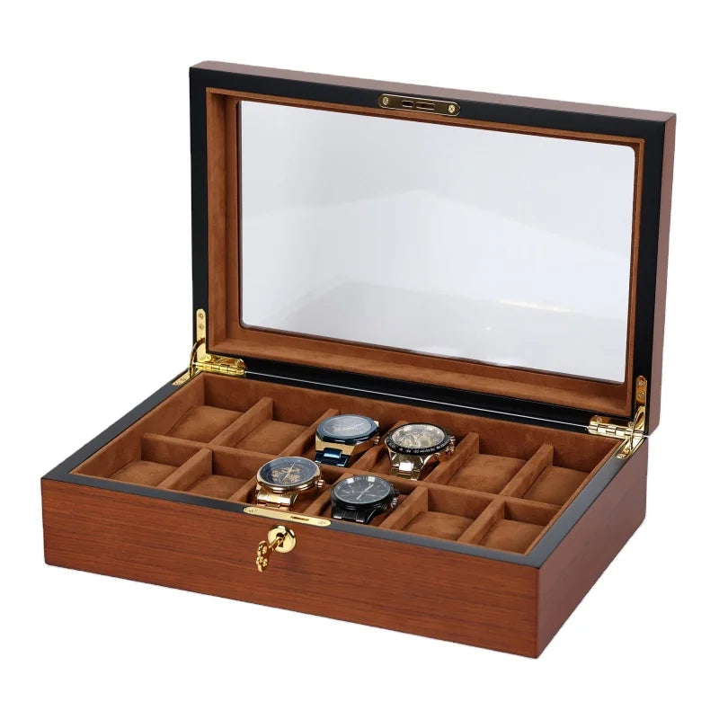 Luxury 12 Compartments Walnut Teak Wood  Matt Lacquered Watch Storage Display Box Organizer With Key