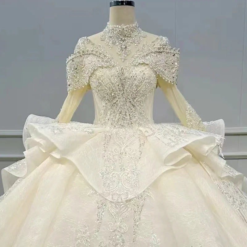 Modern Illusion Luxury Long Sleeve Bridal Ball Gown Wedding Dress Jancember WN048