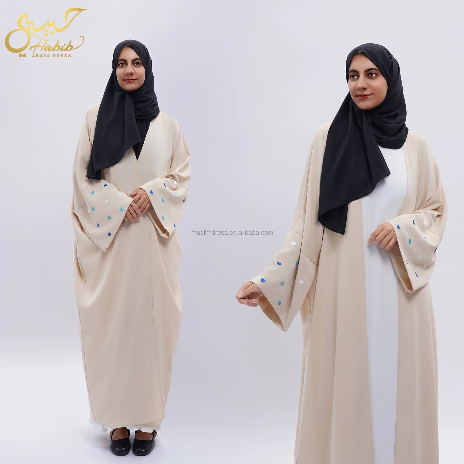 Habib 2025 Sleeve Embroidered Open Abaya Wholesale Blue Heart Front Open Abaya Islamic Clothing