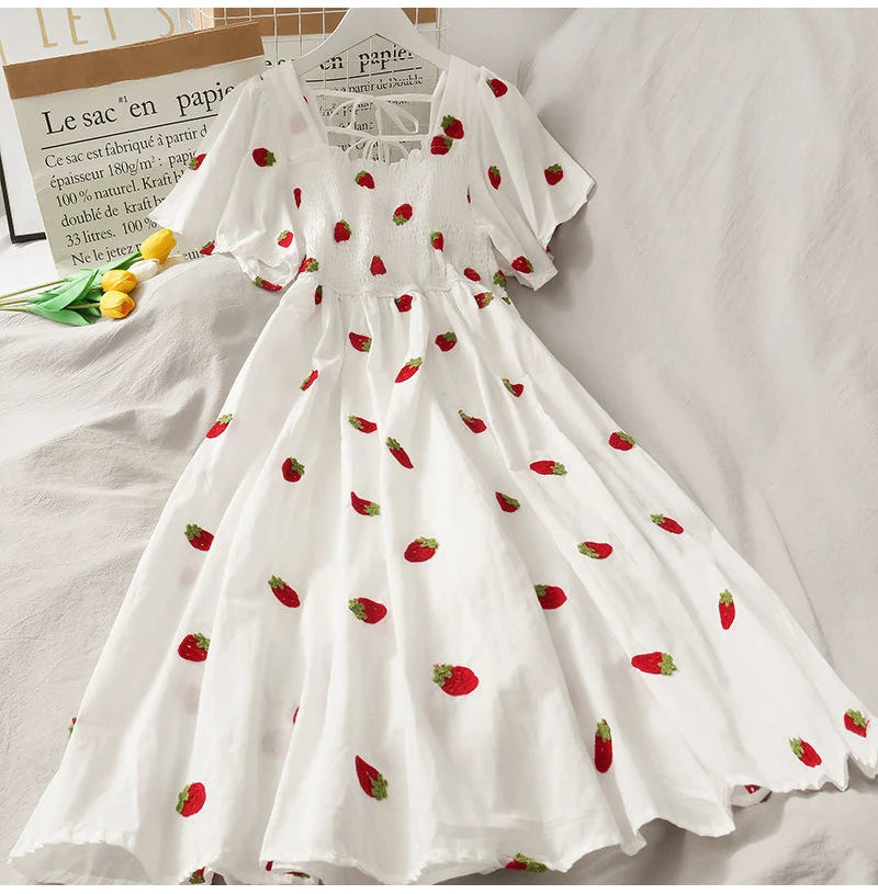 S-2XL Fresh and Elegant White Backless Dress Summer French Print Square Neck Skirt Princess Skirt Fairy Dress