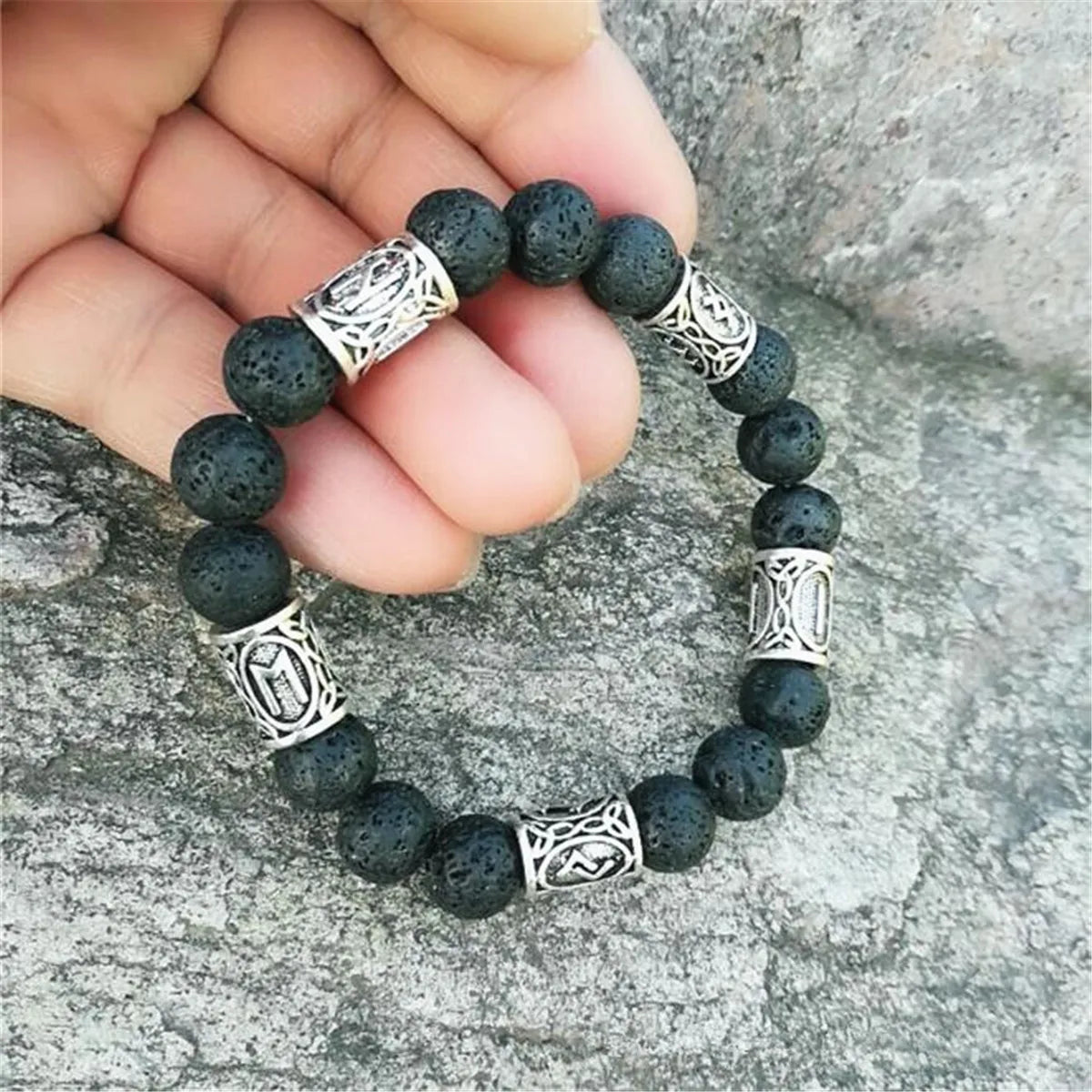 Men Women Norse Viking Rune Spacer Black Volcanic Lava Natural Stone Beads Cuff Bracelet Jewelry