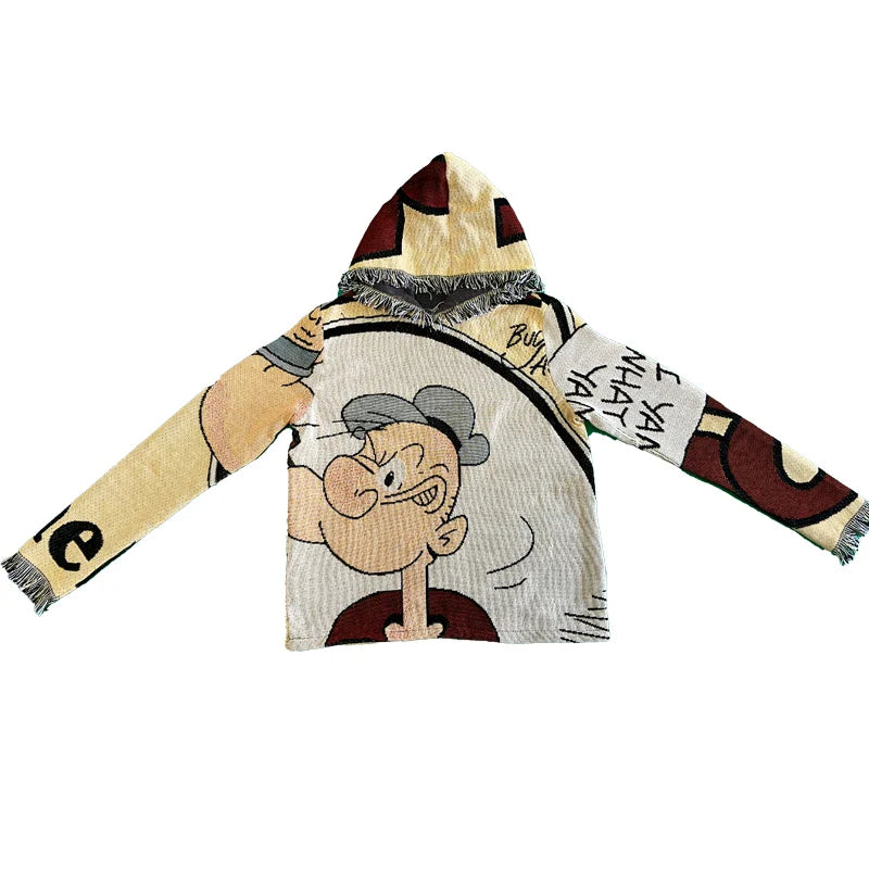 Unisex Cartoon Knitted Hoodie Y2K Aesthetic Streetwear Vintage Style Fringed Tapestry Hoodie