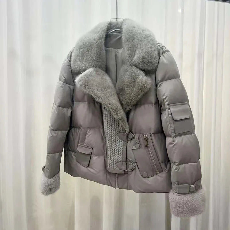 Oftbuy 2023 New Locomotive Real Mink Fur Collar Coat Short Young Warm Coat White Goose Down Motorcycle Jacket for Women