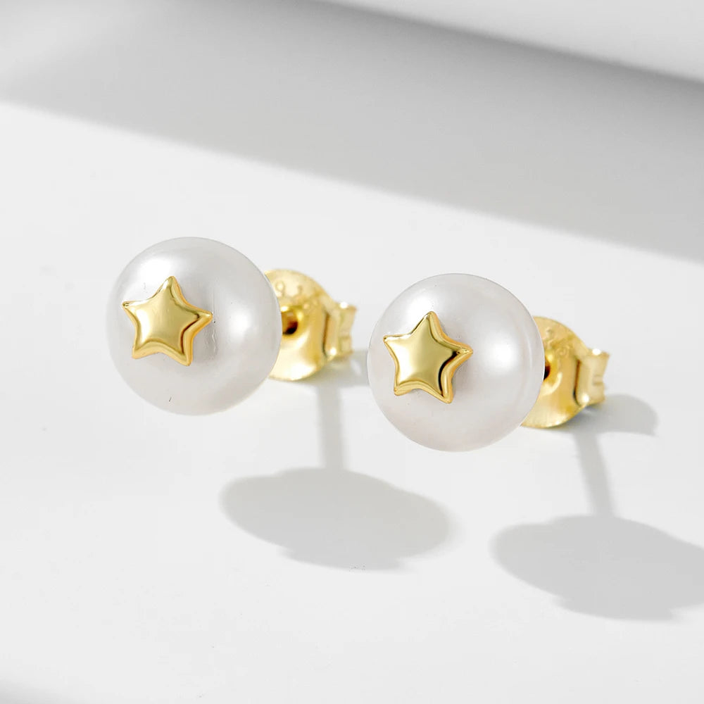 French Vintage S925 Sterling Silver 14K Gold Plated Star Plug Flower Hat Pearl Stud Earrings Jewelry Wholesale