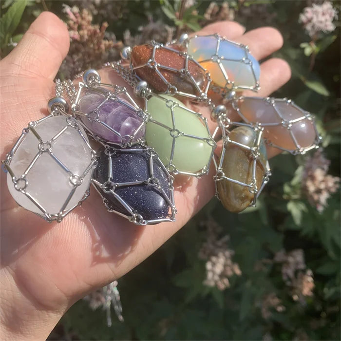Bohemian Summer Stainless Steel Woven Adjustable Necklace Pendant Vintage Natural Healing Drop Quartz Crystal for Beach Wear