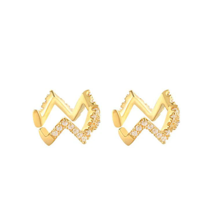 New Trending 925 Silver Diamond Cubic Zirconia Conch Ear Cuffs Zig Zag Earrings Cuffs Wave Pave Ear Cuff Gold Plated