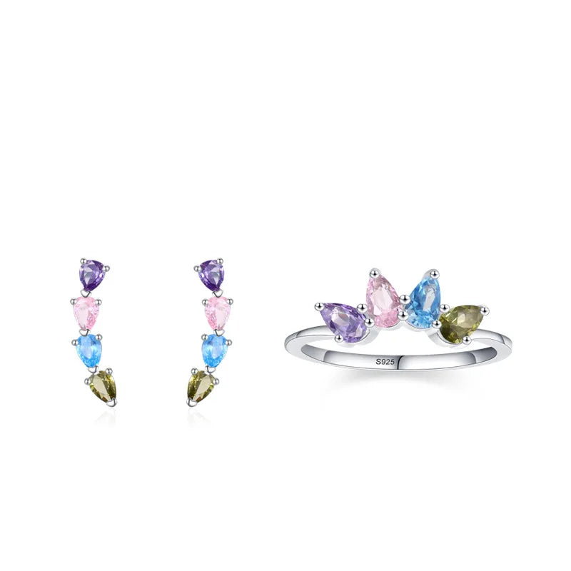 Wholesale Dropshipping 925 Sterling Silver Waterdrop Shaped rainbow Zircon Ring and Stud Earrings Jewelry Set
