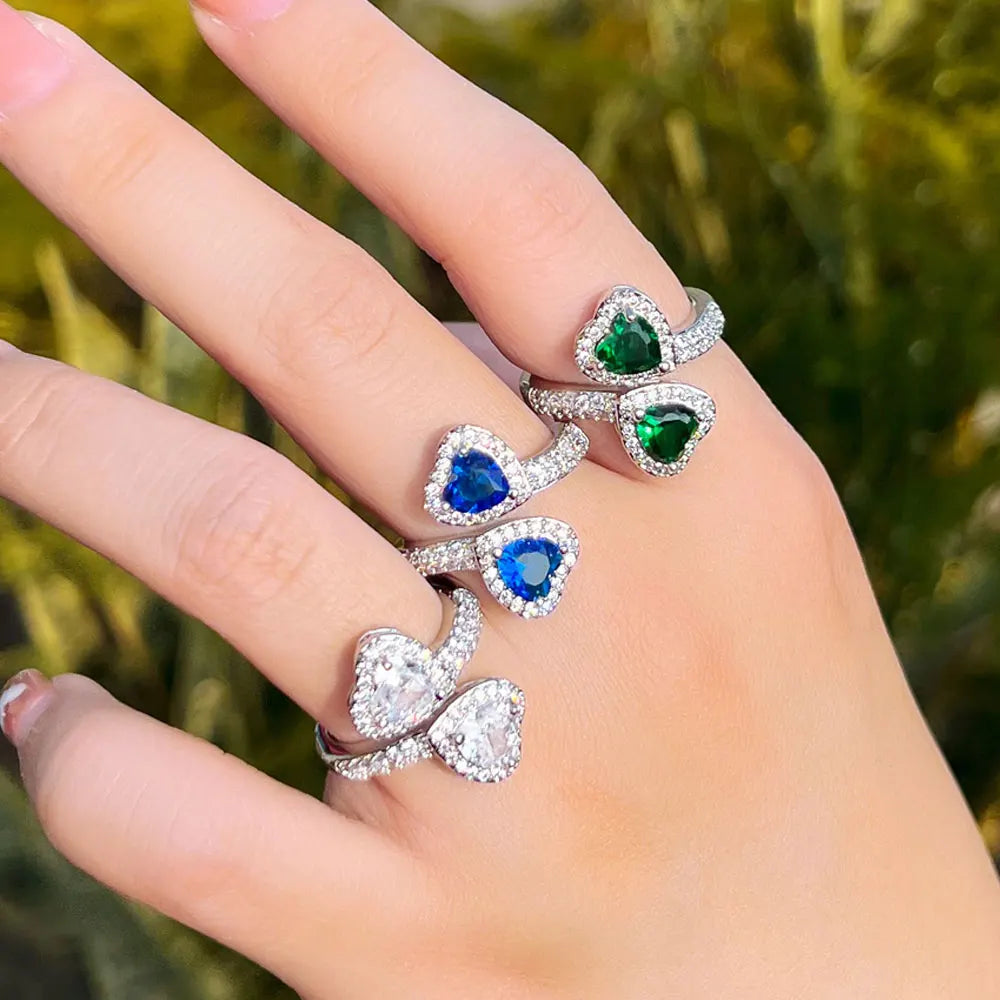 Bling Royal Blue Cubic Zirconia Crystal Double Love Heart Staple Shape Open Finger Rings for Women CZ Adjusted Cuff Jewelry