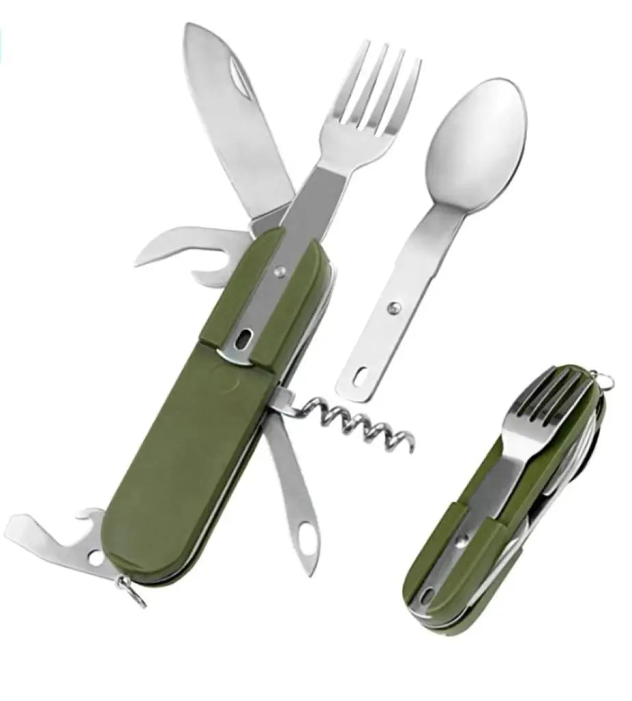 Camping Accessories Gift Army Green Multi Folding Tableware Spoon and Fork Cutlery Set Stainless Steel