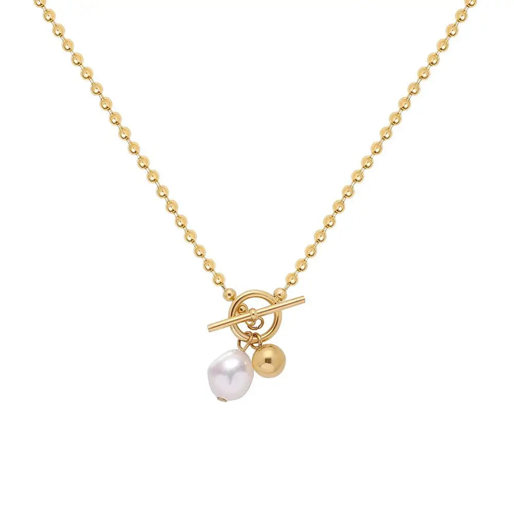 Waterproof Gold Plated Stainless Steel Choker Necklace Freshwater Pearl OT Buckle Beads Necklace for Women Colier Pour Femme