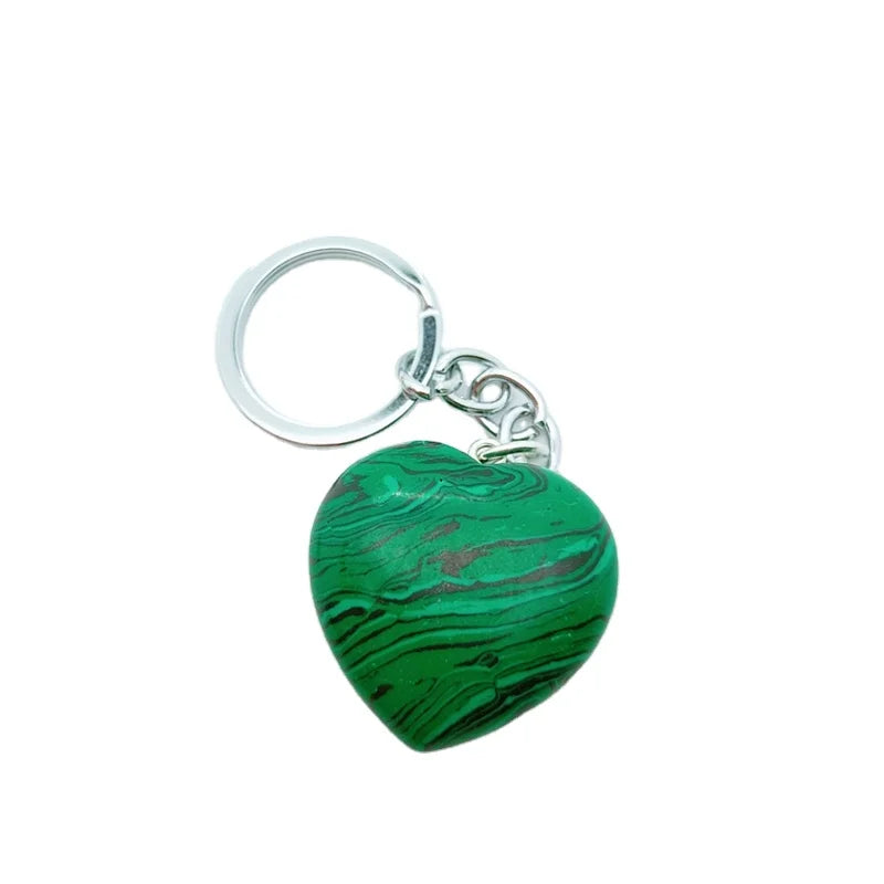 Huiying New arrival healing crystals stones heart pendant yoga charming alloy malachite keychains necklace
