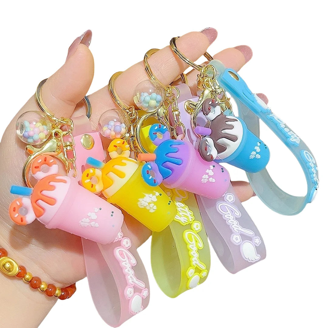 3D Cute Cartoon Ice Cream Keychain PVC Rubber Charm Adorable Milk Tea Cup Keyring for Kids Girls Gift Fashion Bag Accessories