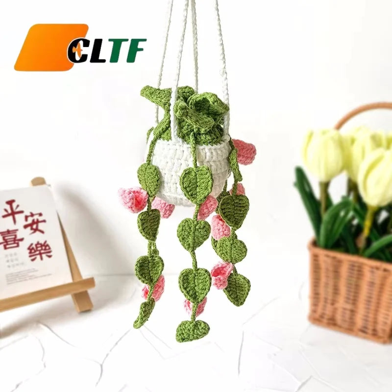 Handmade Knitted Potted Plant Car Rear View Mirror Decoration Crochet Hanging Strawberry for Christmas Gifts Crochet Flowers